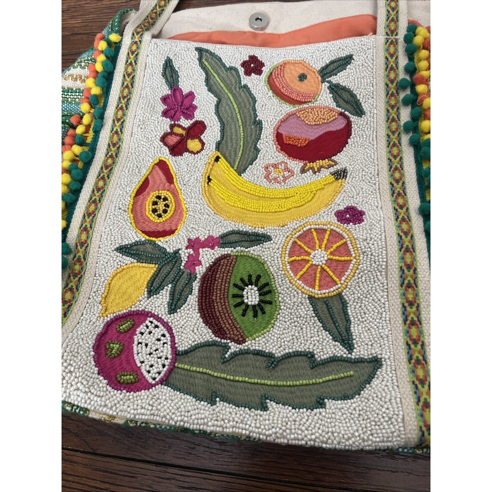 A&B EXPRESS Green Gold Striped Puff Balls BEADED FRUIT LARGE TOTE BAG NWT - Picture 2 of 8